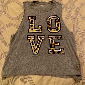 Heather gray/leopard “LOVE” muscle-tee.